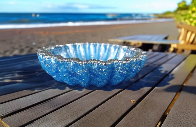 Resin Shell Bowl - Stunning Silver & Blue Bling Decor